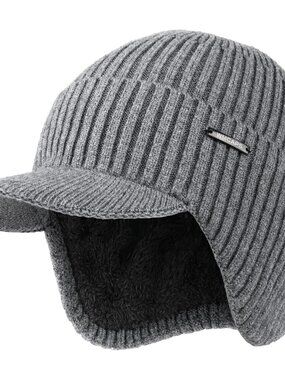 Unisex Grey Lined Knit Beanie With Brim Ear Flaps Winter Classic Stocking Cap